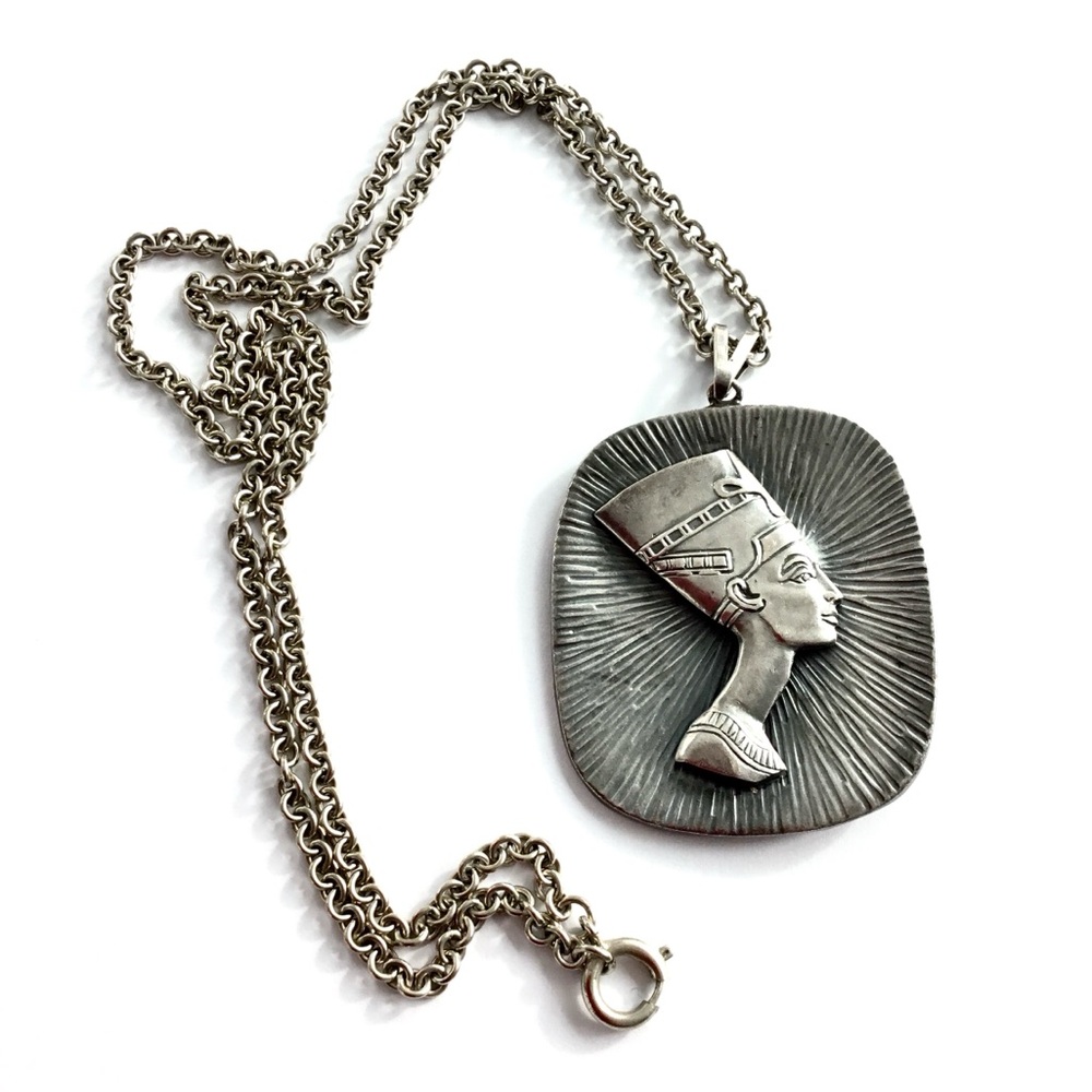 Egyptian Pharoah Vintage Antiqued Silver Metal Large Pendant